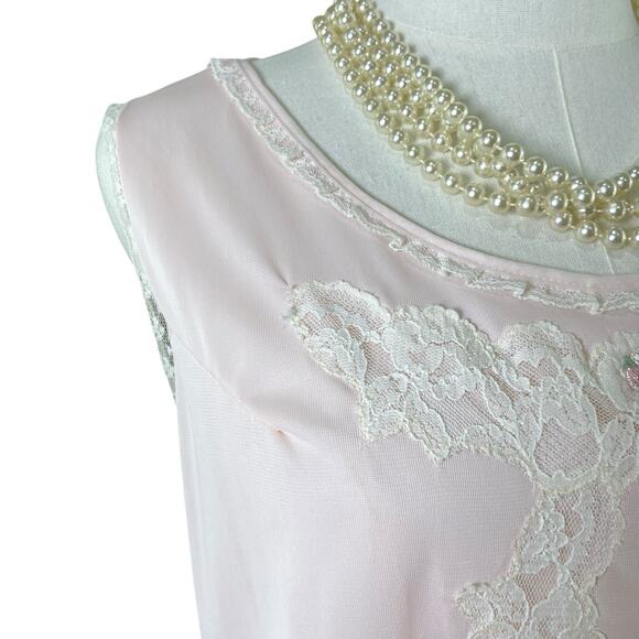 Vintage 60s Pastel Pink Nylon Lace Appliqué Chemise Nightgown Women's Size M/L - Picture 5 of 12
